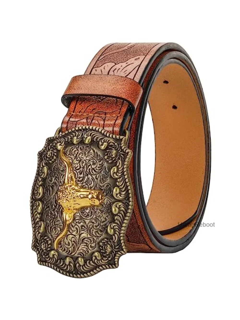 Western PU-Leather Cowboy Belt with Engraved Floral Longhorn Bull Buckle Unisex